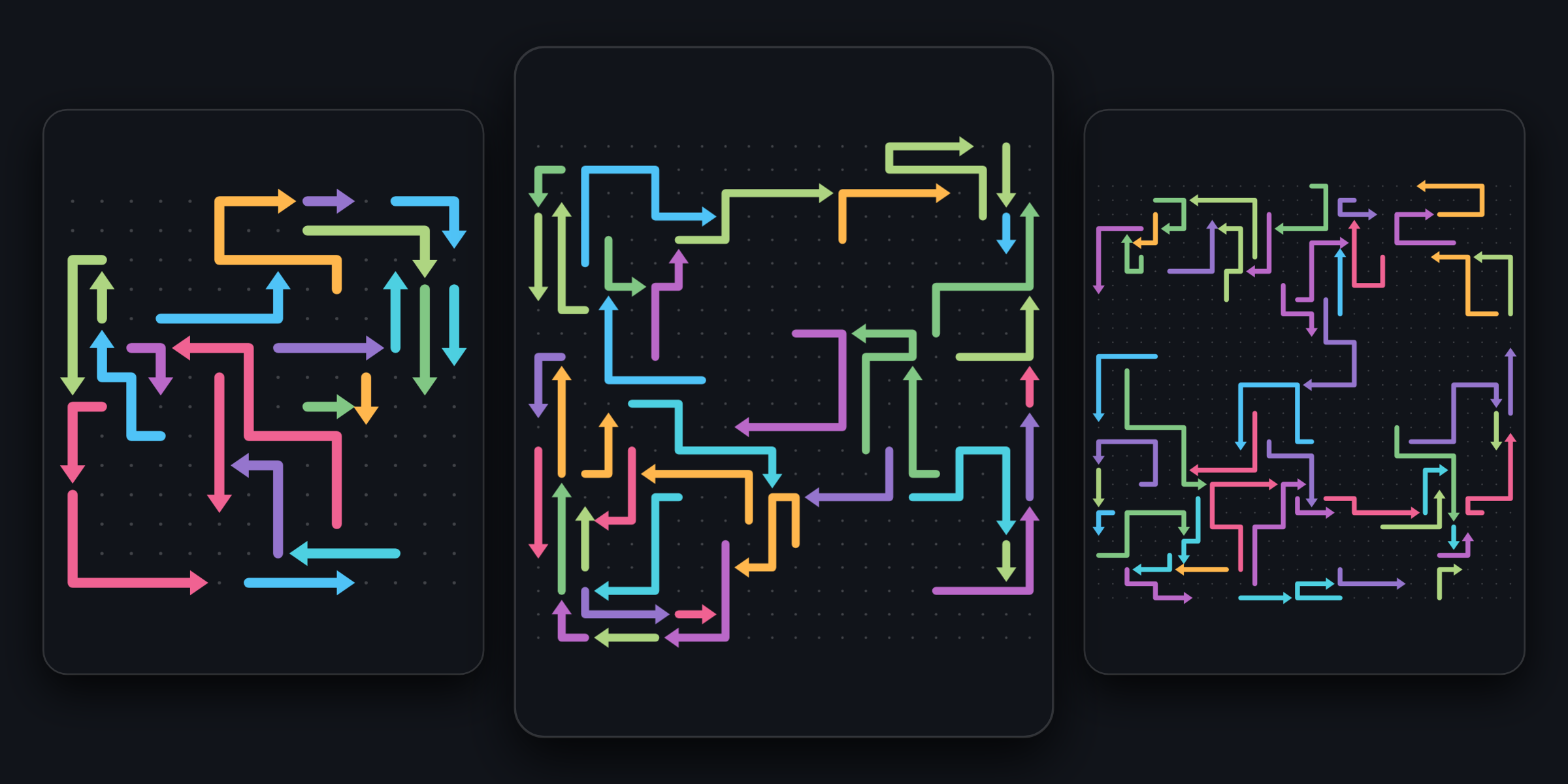 Three Maze Hippo boards side by side: level 1 on a small grid, level 30 in the middle, and level 100 packed with short arrows.