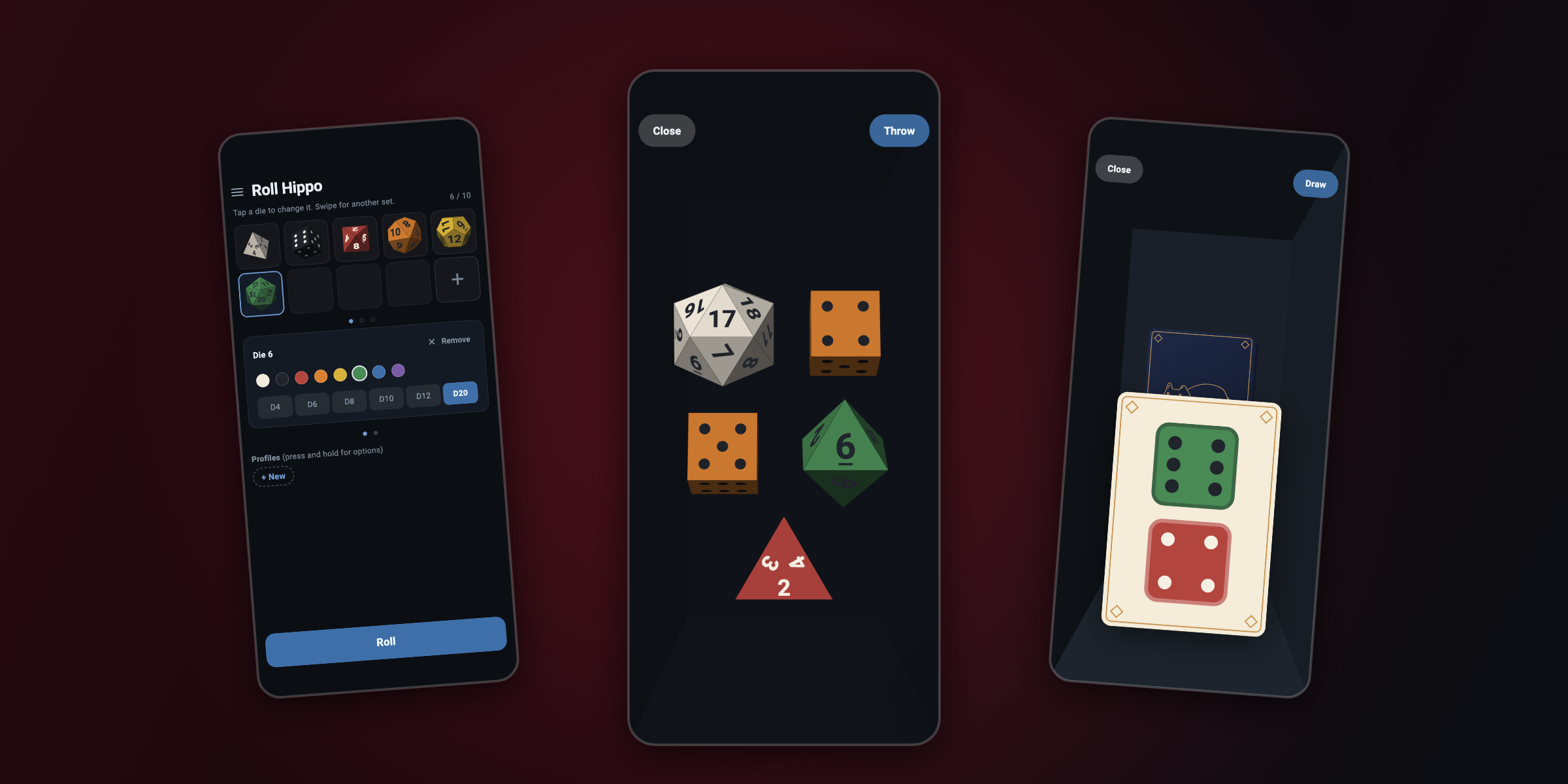 Three phones running Roll Hippo: the picker with a rack of dice, the tray with five dice settled, and the card table with a card dealt.
