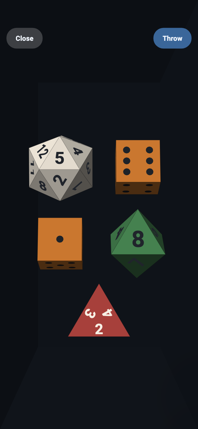 The tray, with a D20, two orange D6s, a green D8 and a red D4 lifted off the floor and turned square to the glass to be read.