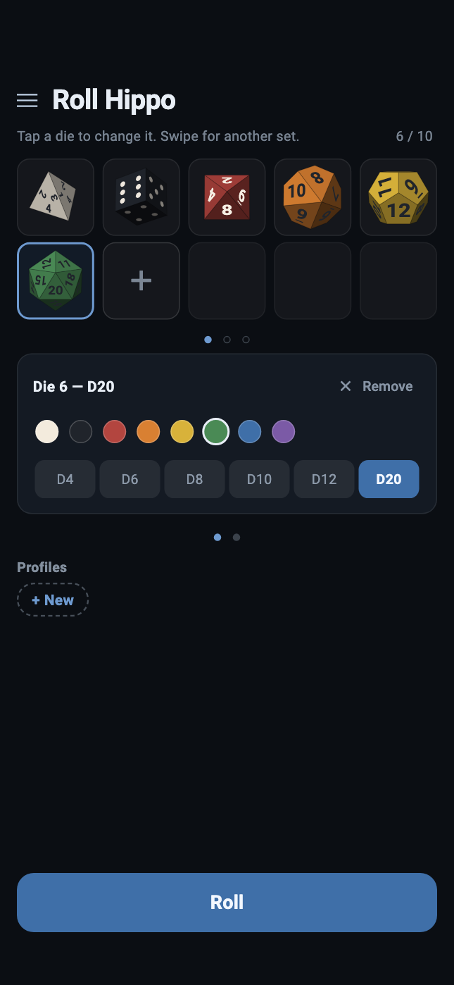 The picker: a rack of six dice of assorted kinds and colours, with the editor open showing colour swatches and the kind chips D4 through D20.