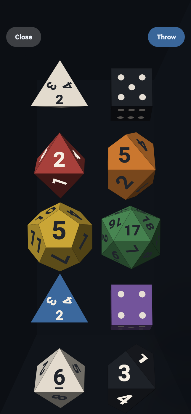 The tray holding all ten kinds of die at once, each in a different colour.