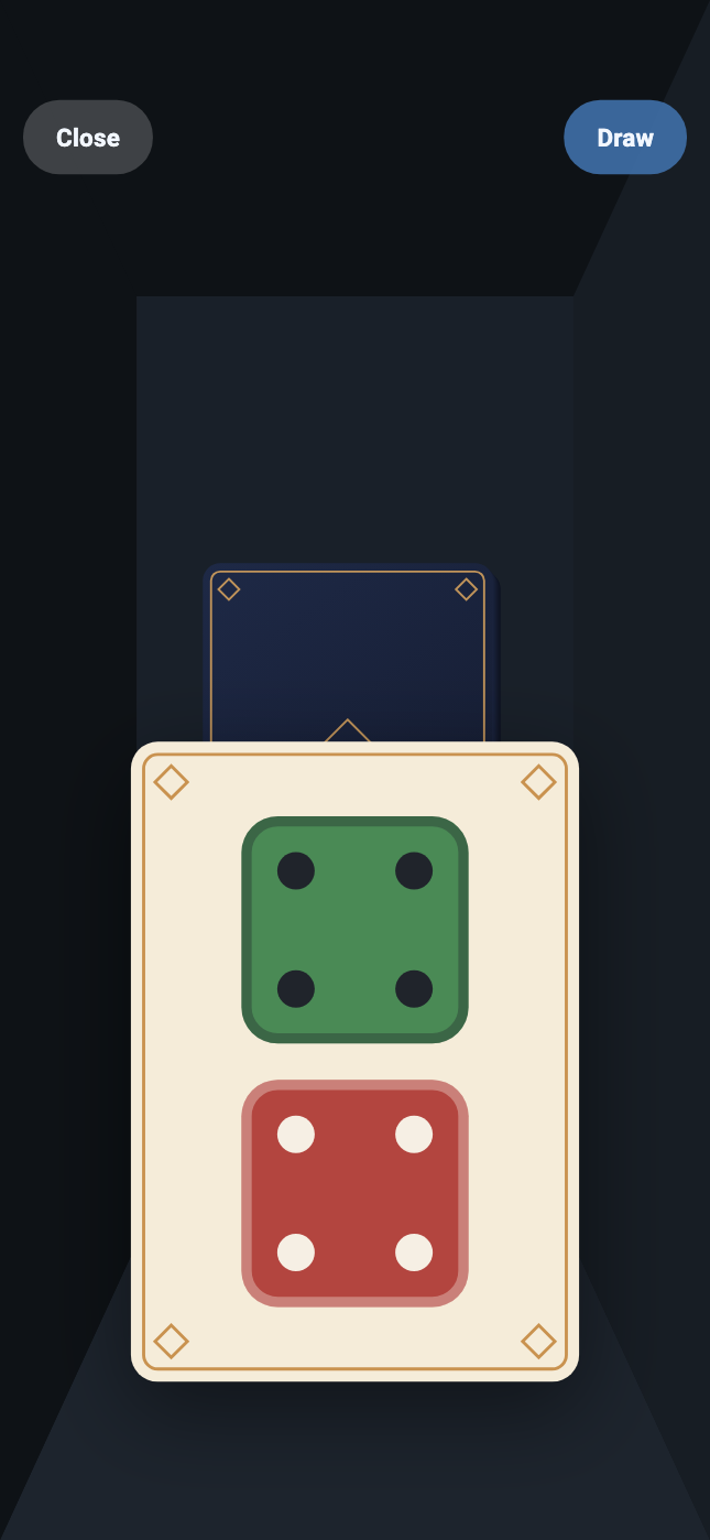 The card table: a card printed with a green die and a red die lying on the glass, with the shoe behind it.