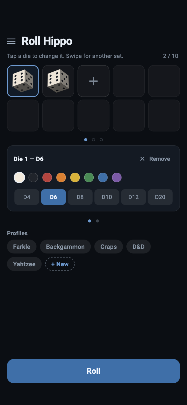 The picker with five saved profiles listed below it: Farkle, Backgammon, Craps, D&D and Yahtzee.