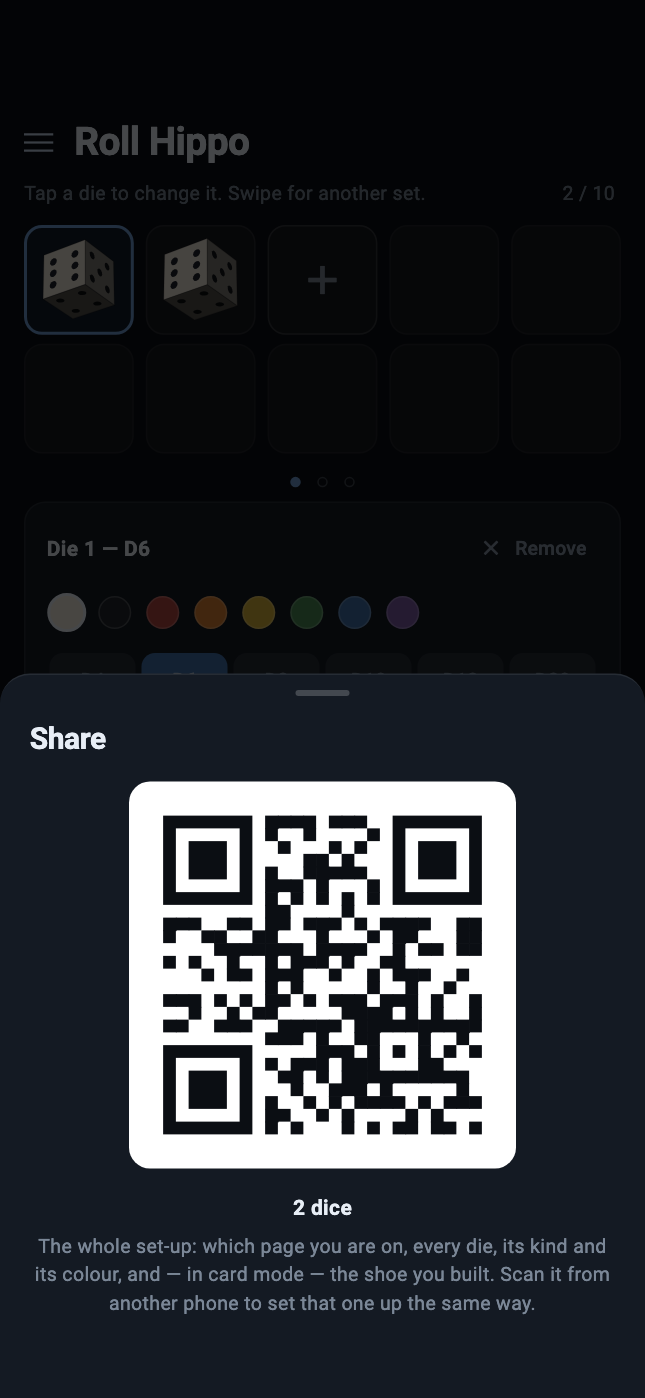 The Share sheet, showing a large QR code with the caption '2 dice' beneath it.