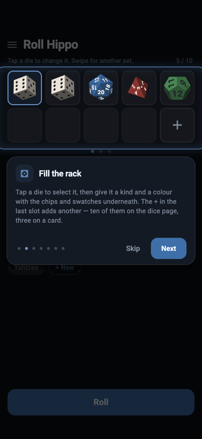 The tour's second card over the picker: the rack of five assorted dice is lit and ringed in blue while the rest of the screen is dimmed, with the card headed 'Fill the rack' hanging just beneath it.